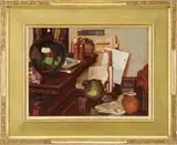 Dean Cornwell, Studio Interior, Oil on board scene of the artist’s studio with various props, frames and table