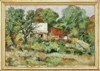Monogram +, Russian Farm, Oil on board landscape scene shows a connected farmhouse with tractor set against thick woods. Monogrammed lower left
