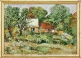 Monogram +, Russian Farm, Oil on board landscape scene shows a connected farmhouse with tractor set against thick woods. Monogrammed lower left