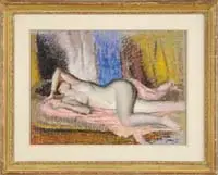 Carroll Sargent Tyson, Reclining Nude, Pastel on paper shows a nude reclining woman . The backdrop is a multi-color curtain