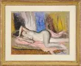 Carroll Sargent Tyson, Reclining Nude, Pastel on paper shows a nude reclining woman . The backdrop is a multi-color curtain