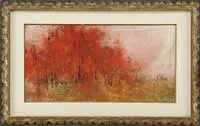Chen Chi, The Red Forest, Watercolor and gouache landscape scene shows several men approaching a red forest with golden underbrush