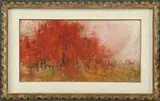 Chen Chi, The Red Forest, Watercolor and gouache landscape scene shows several men approaching a red forest with golden underbrush