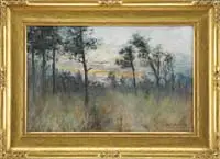 Henry Plympton Spaulding, Sunset Landscape, Watercolor/gouache scene shows a grass area with trees looking out to a very colorful sunset