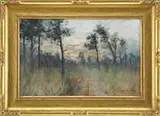 Henry Plympton Spaulding, Sunset Landscape, Watercolor/gouache scene shows a grass area with trees looking out to a very colorful sunset