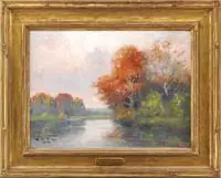 Edward A. Page, Autumn Pond, Oil on canvas landscape shows a small pond lined with colorful trees under light blue and pink highlighted clouds