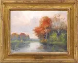 Edward A. Page, Autumn Pond, Oil on canvas landscape shows a small pond lined with colorful trees under light blue and pink highlighted clouds