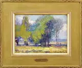 Benjamin Brown, Colorful Landscape, Oil on canvas mounted to board summer scene shows a grove of colorful trees against a blue and white cloud sky