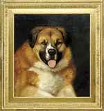 Alexander Pope, Portrait of a St, BERNARD. Oil on canvas dog portrait shows a straight on view of a content St. Bernard