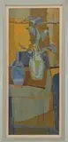 Easton Pribble, Still Life in Blue and Orange, Outstanding oil on masonite modernist still life of a vase of flowers on a table with geometric colorful background