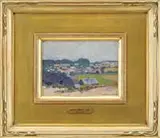 Everett Warner, The Summer Village, Oil on board scene shows a village with many buildings surrounded by trees. All under a light blue sky