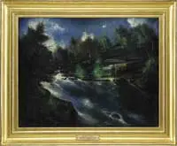 Henry Mattson, A Big Rock Pool, Oil on canvas scene shows a river ending in long pool with green and dark trees under a dark blue and white cloud sky