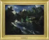 Henry Mattson, A Big Rock Pool, Oil on canvas scene shows a river ending in long pool with green and dark trees under a dark blue and white cloud sky
