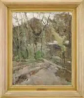 Henry Mosler, Road to the Mountain, Oil on canvas landscape scene shows a dirt road winding through trees toward a tall mountain