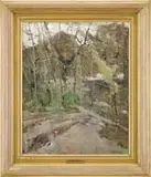 Henry Mosler, Road to the Mountain, Oil on canvas landscape scene shows a dirt road winding through trees toward a tall mountain