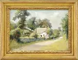 William Staples Drown, A Warwickshire Scene at Maude Cliff, Oil on canvas landscape shows a dirt road with figure with house, wall and trees