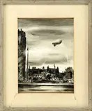 Peter Hurd, Summer Evening in London, Black and white watercolor wartime scene shows a tethered air balloon over buildings in London with a lit street lamp