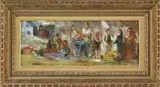 Jon Corbino, The Flower Market, Oil on canvas scene shows a number of patrons and merchants at a colorful flower market with houses in the background