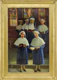 Helena Sturtevant, The Luxembourg Convent Choir, Oil on canvas interior church scene shows six young nuns in blue and white outfits singing, holding hymnals