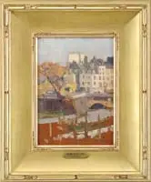 Roy Brown, Overlooking Paris, Oil on wood panel shows a view looking across a river towards multi-story buildings under a blue sky
