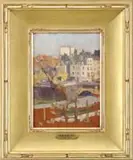 Roy Brown, Overlooking Paris, Oil on wood panel shows a view looking across a river towards multi-story buildings under a blue sky