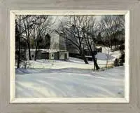 John Rogers, Afternoon, Watercolor winter scene shows a large barn with connected outbuildings in a winter landscape