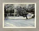 John Rogers, Afternoon, Watercolor winter scene shows a large barn with connected outbuildings in a winter landscape