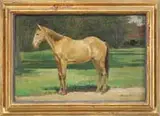 Thomas Allen, Portrait of a Tan Horse, Oil on board shows a left facing standing horse in a green pasture background standing on sandy patch