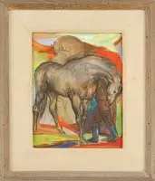 Josef Presser, Readying the Horse, Mixed media scene shows a black horse being tended to by a man in blue boots. Multi-colored background