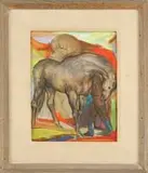 Josef Presser, Readying the Horse, Mixed media scene shows a black horse being tended to by a man in blue boots. Multi-colored background