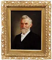 F. Ulrich, Pair of Ancestral Portraits, Oil on light board shows a middle age couple, each dressed in black attire