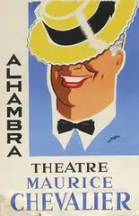 Charles Kiffer, Maurice Chevalier, Alhambra, Linen backed paper poster showing a stylized Maurice Chevalier head with yellow and black hat