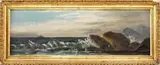 Coastal Steamer by George M. Hathaway, Oil on board Maine coastal scene shows a steamer on the horizon with a foreground of rocks and crashing waves, offered Aug 2009