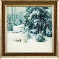 Ice and Snow by John Calvin Stevens, Oil on canvas mounted on board winter scene shows a snow covered ground with evergreens after a recent snow, offered Aug 2009