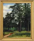 L. E. Varni, Pines in the De_____ at Bowdoin College, Oil on canvas scene shows a dirt path leading through tall pine trees and grassy area under blue and white cloud sky