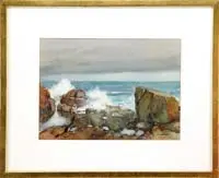 William Jurian Kaula, Ogunquit, 1900, Watercolor shoreline scene shows waves crashing onto rocks forming a small tidal pool