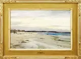 Paul Strisik, The Beach, April 1964, Fine oil on masonite scene shows a curving sandy beach with blue water with a setting sun casting yellow light