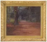 Alfred Jansson, Road Through the Woods, Oil on canvas scene shows a wide dirt road through deep forest. A large tree is seen in foreground