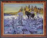 Scott Zuckerman, Bull Moose in Landscape, Oil on board winter scene shows a large bull moose in low underbrush with marsh area and trees