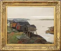 A. Curtis Williamson, Sunset at the Shore, Oil on canvas coastal scene shows fishing shacks along an ocean bay with a sliver of light sky in darkening sky