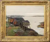 A. Curtis Williamson, Sunset at the Shore, Oil on canvas coastal scene shows fishing shacks along an ocean bay with a sliver of light sky in darkening sky