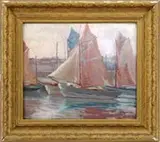 Calthea Campbell Vivian, Sailboats, Oil on board harbor scene shows several small single mast sailboats with buildings in the background
