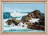 J Richardson Adams, The Big Wave, Oil on wood panel shows a large crashing wave next to coastal jagged rocks