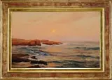 Warren Sheppard, Sunrise Over Rocky Coastline, Large oil on canvas scene shows sun rising amongst a light sea mist and rocks jutting out into a tranquil ocean