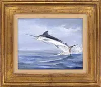 Maynard Reece, Blue Marlin, Oil on canvasboard scene shows a leaping marlin against a blue and cloud sky reflected in a light wave ocean