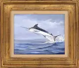 Maynard Reece, Blue Marlin, Oil on canvasboard scene shows a leaping marlin against a blue and cloud sky reflected in a light wave ocean