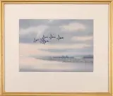 Joseph Day Knap, Blue Bills, Watercolor marshland scene shows a small flock of six ducks in flight over a pond with marshes under a dusk setting