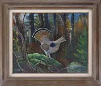 Ron Jenkins, Ruffled Grouse, Oil on masonite portrait of a ruffled grouse perched atop a moss covered rock with forest scene background