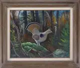 Ron Jenkins, Ruffled Grouse, Oil on masonite portrait of a ruffled grouse perched atop a moss covered rock with forest scene background