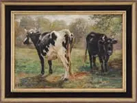 Charles Franklin Pierce, Lazy Day, Oil on canvas scene shows two cows in a field with woodland borders